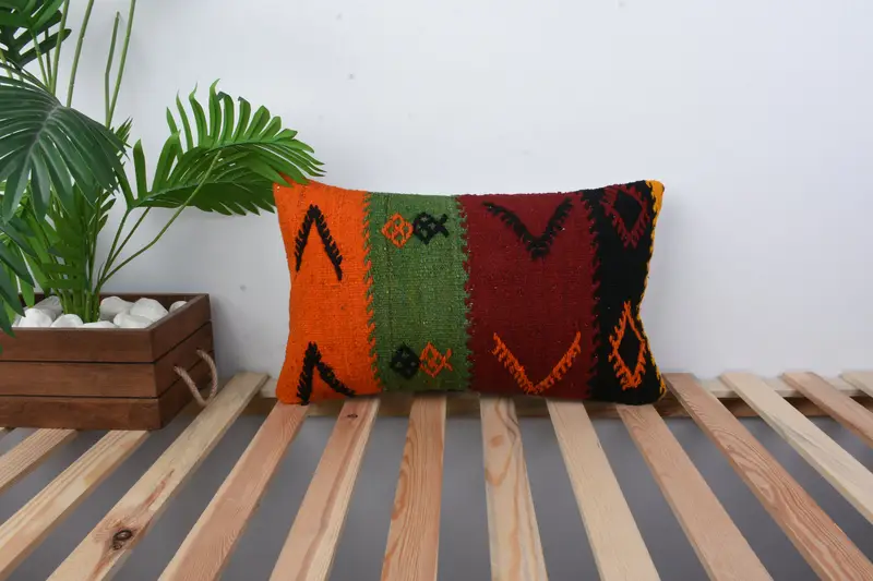 Turkish Kilim Pillow, Kilim Cushion Sham, Morroccon Kilim Cushion Pillow Sham, Pillow Cover, 12x20 Red Cushion, Home Decor Pillow - 1