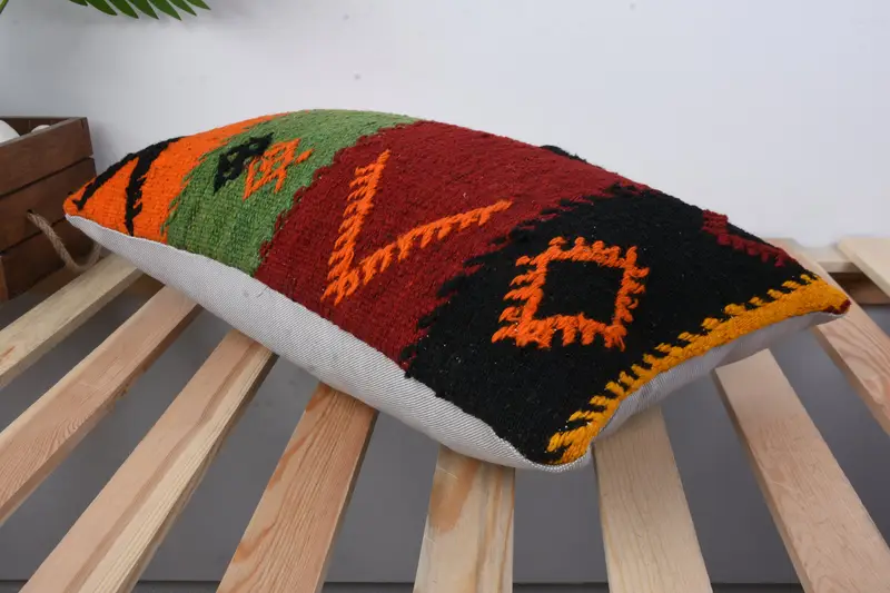 Turkish Kilim Pillow, Kilim Cushion Sham, Morroccon Kilim Cushion Pillow Sham, Pillow Cover, 12x20 Red Cushion, Home Decor Pillow - 6