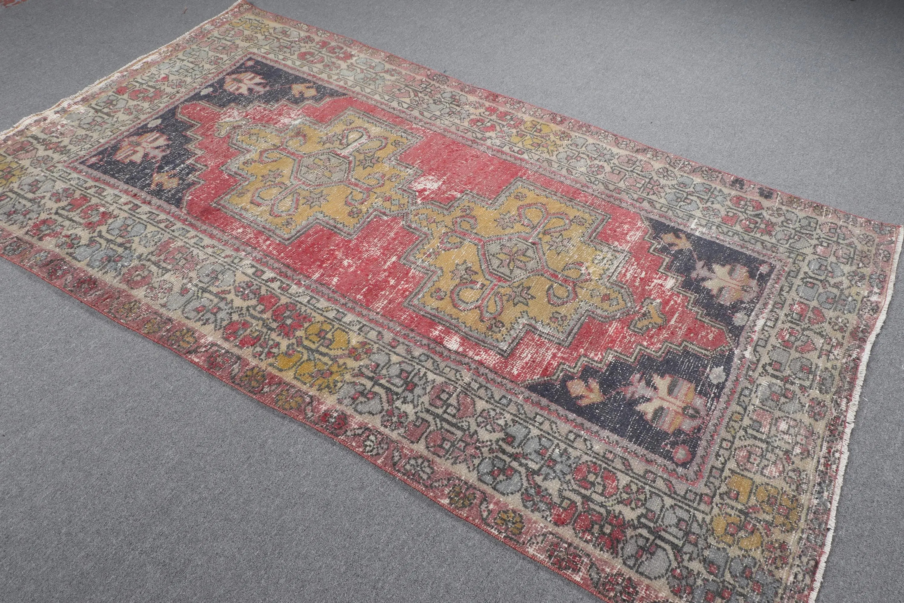 4.4x7.8 ft Rug, Vintage Turkish Rug, Red Blue Patchwork Wool Rug - 1
