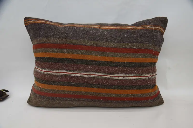 Vintage Striped Cushion Case, Antique 20x28 inch Brown Easter Gift Wool Pillow - 1