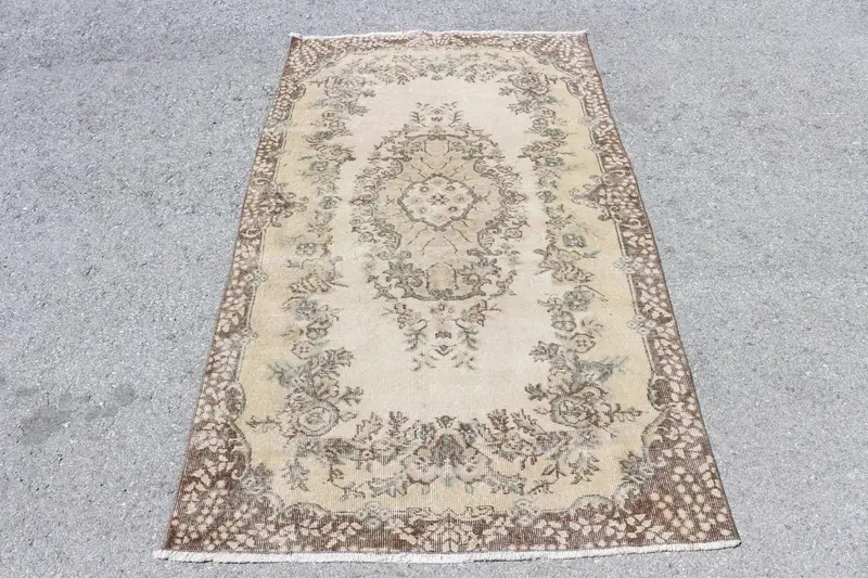 Vintage Türk Halısı, 3.7x6.7 ft Oushak Halı, Kahverengi İkat Yün Halı - 1
