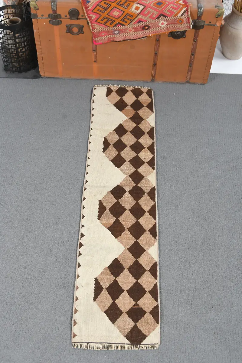 Vintage Küçük Halı, 1.2x4.8 ft Türk Halısı, Kahverengi Kamuflaj Yün Halı - 1