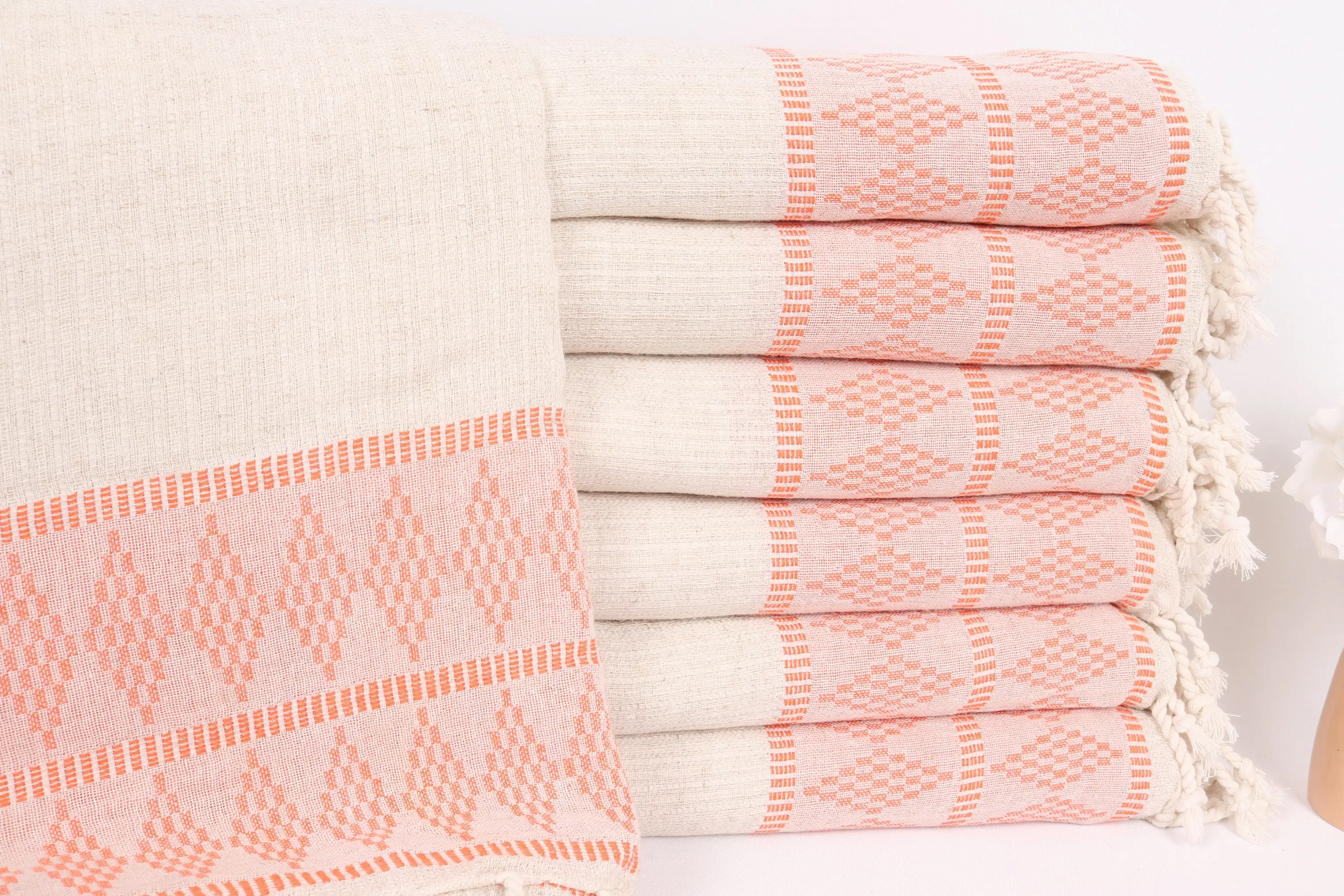 Orange Linen Throw 87x99 Inches, Cotton, Ikat Pattern, Rustic Design - 1
