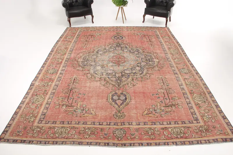 Turkish Vintage Oversize Rug 9.2x12.4 ft (280x378 cm), Red Floral Oushak Rug - 1