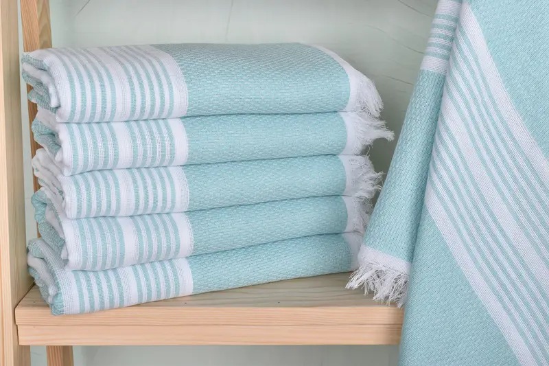 Personalized Turkish Beach Towel Mint Beige Stripes, Organic Cotton/Linen, 40x71 Inches