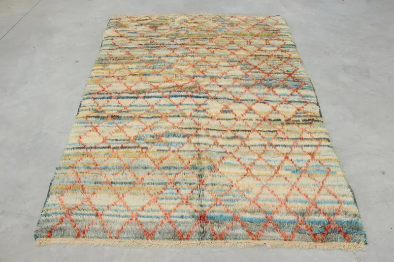 Vintage Türk Oushak Halısı 4,8x6,7 ft, Mavi Alan Bitkiler ve ağaçlar Yün Halı - 1