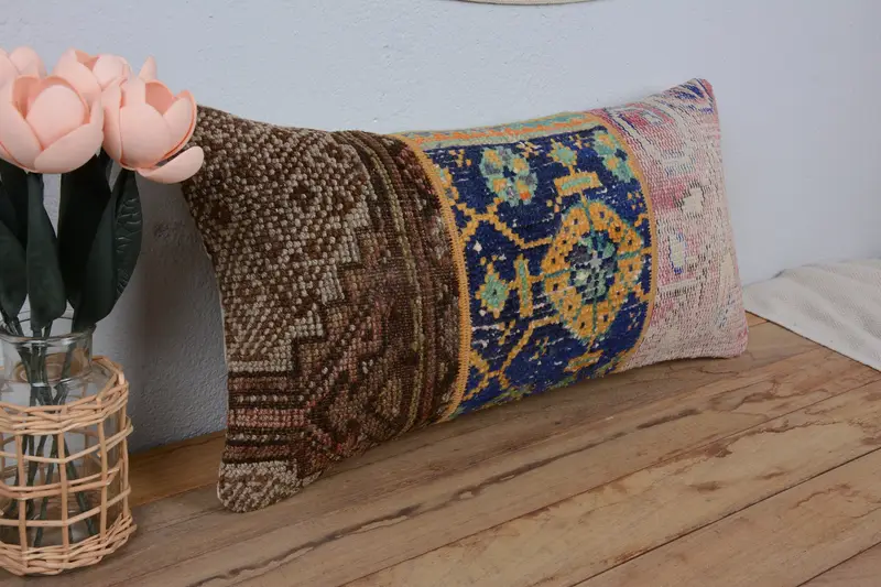 Boho Pillow, Throw Kilim Pillow, Antique Pillows, Cushion Cover, Bed Cushion Cover, Car Cushion Cover, 12x24 Blue Pillow Sham - 1