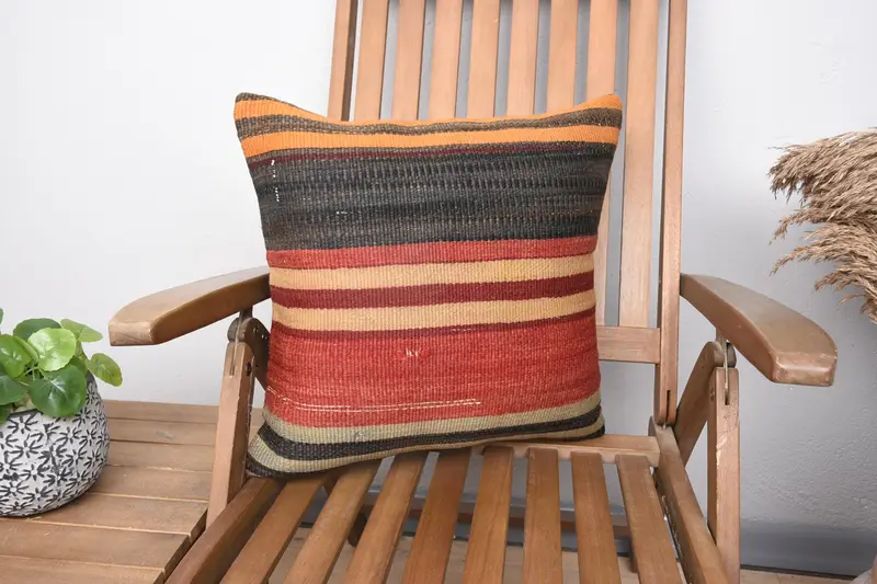 Striped Turkish Square Cushion, 18x18 inch Red Office Moroccan Cushion Cover - 1