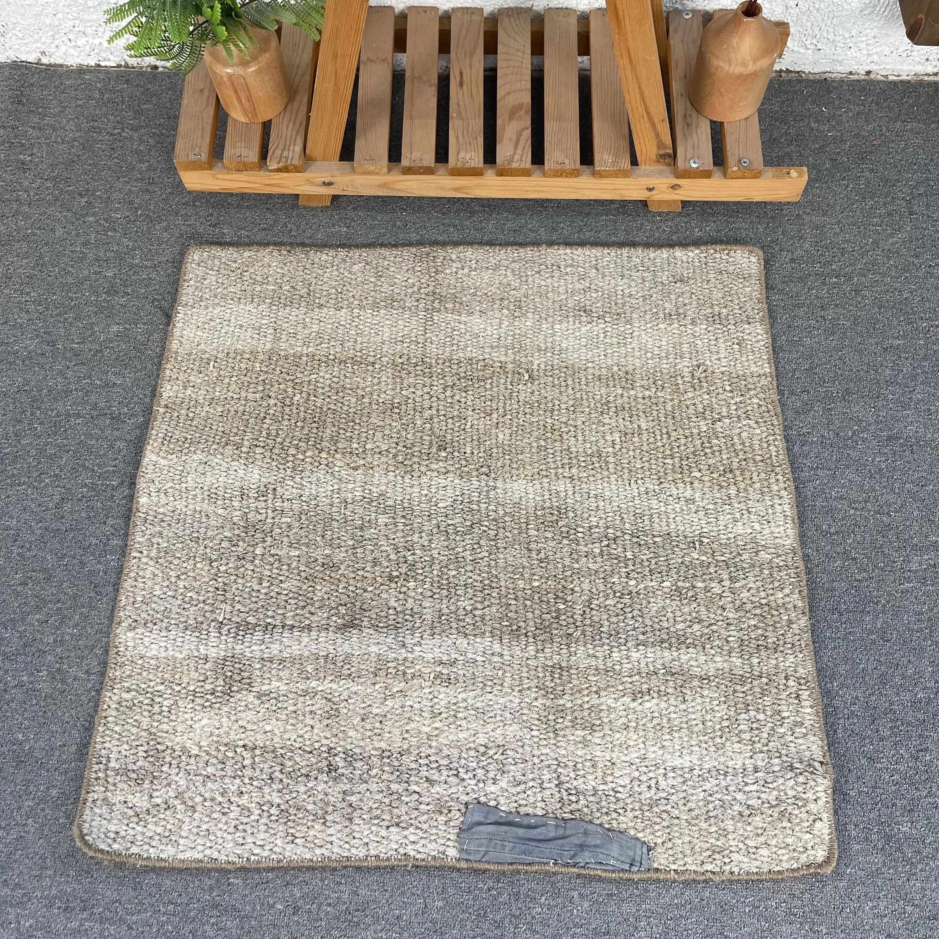 Turkish Small Rug 2.4x2.4 ft, Vintage Gray Striped Wool Rug - 1