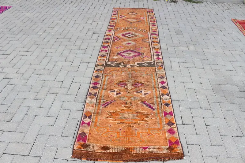 2.7x10.9 ft Halı, Türk Herki Halısı, Vintage Turuncu Yün Kamuflaj Halı - 1