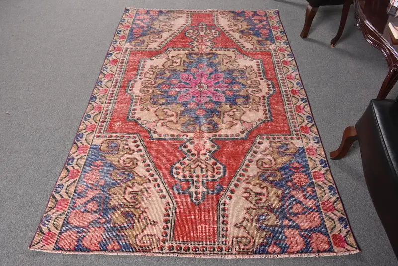 Alfombra Roja y Azul, 12x2m Diseño Floral Geométrico