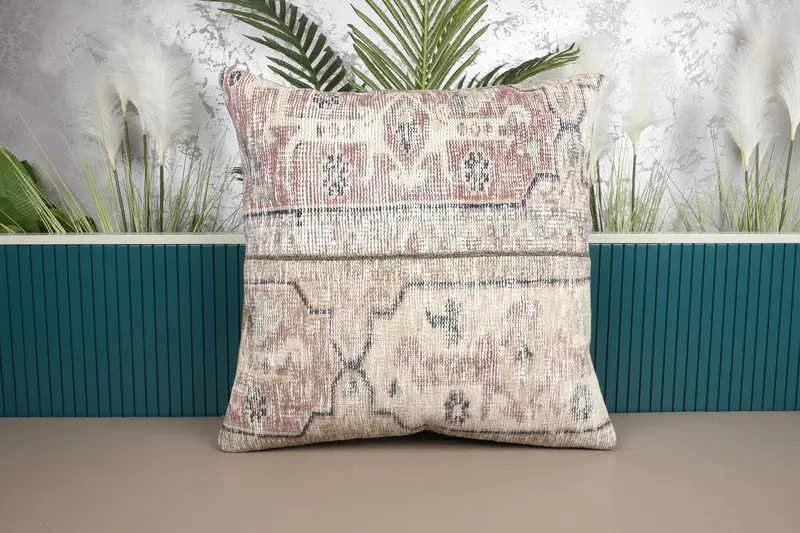 Nakışlı Bej & Kahverengi Yastık, 28x28 El Yapımı Kırlent