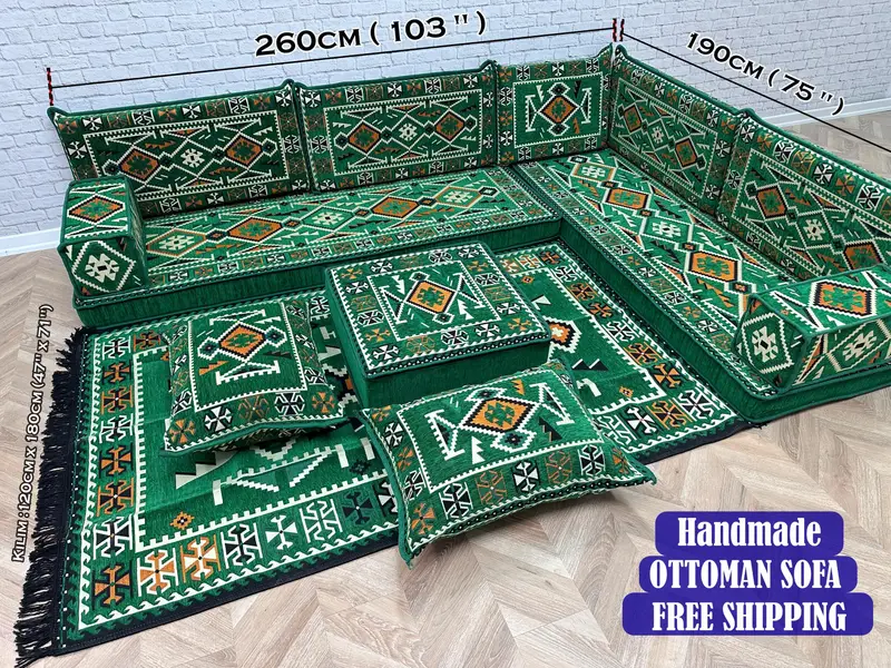 Modular Green & Black Kilim-Inspired Ottoman, Wool Blend Sofa Set