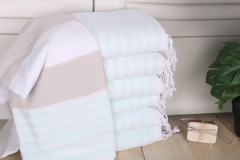 Bachelor Gifts Beige-Mint Striped Cotton Towel, 40x71 Inches