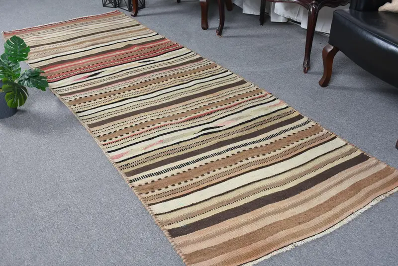 Alfombra de pasillo vintage turca 3,2x9,2 pies, alfombra marroquí marrón beige - 1