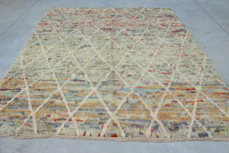 Vintage Rug, 8x9.4 ft Oversize Rug, White Solid Wool Turkish Rug - 1