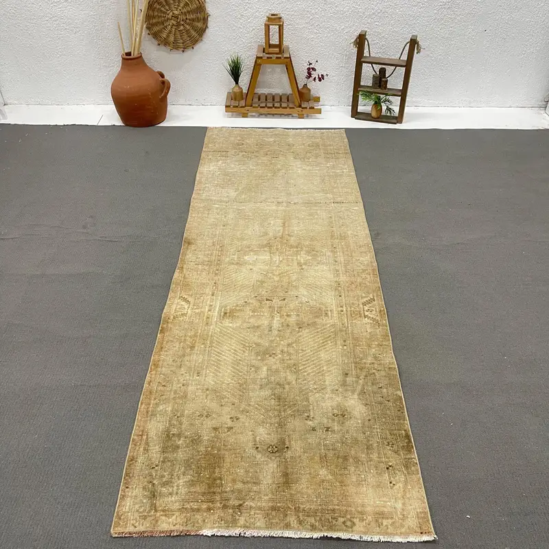 Vintage 3.5x10.5 ft Rug, Oushak Turkish Rug, Brown Animal Print Rug Wool - 1