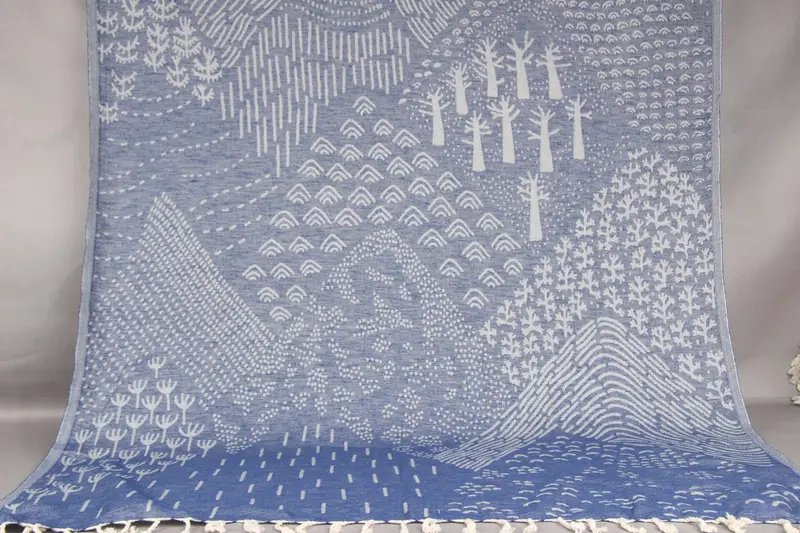 Turkish Towel Navy Patterned Organic Cotton, 36x67 Inches