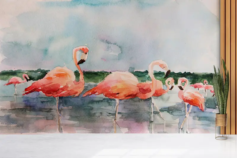 トロピカルフラミンゴのプリント壁紙: 女の子の部屋用のエレガントな水彩画