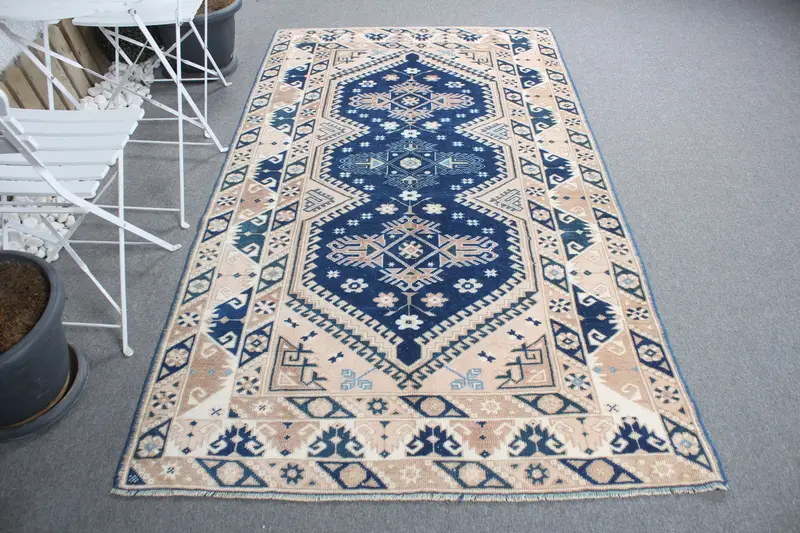 Elegant Pink Oriental Rug, 4.43x7.91 ft with Blue Accents