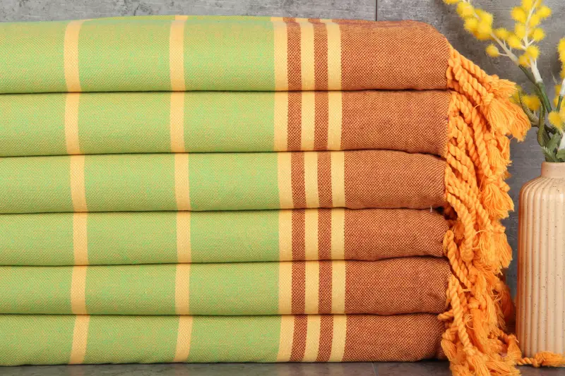 Embroidered Beach Towel Turkish Cotton Burgundy-Green Stripes, 36x71 Inches