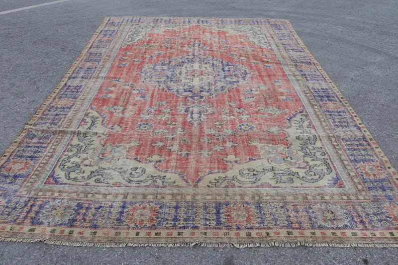Vintage Teppich, Übergröße 8,2x12 ft türkischer Teppich, rot-blauer Camouflage-Wollteppich - 1
