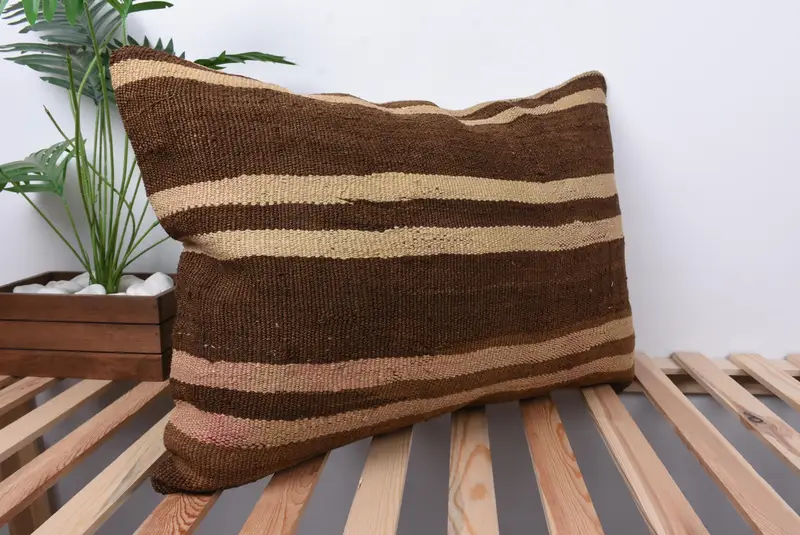 Cotton Pillow, 20x28 Brown Cushion Case, Pillow Cover, Kilim Cushion Sham, Ethnical Kilim Rug Pillow, Sustainable Pillow, Turkish Kilim Pillow - 4