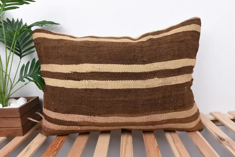 Cotton Pillow, 20x28 Brown Cushion Case, Pillow Cover, Kilim Cushion Sham, Ethnical Kilim Rug Pillow, Sustainable Pillow, Turkish Kilim Pillow - 1