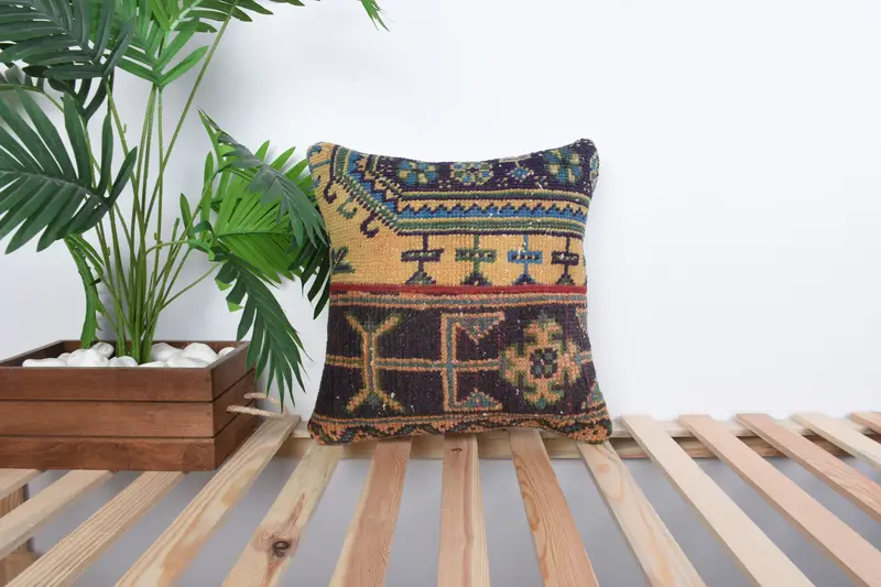 16x16 Orange Pillow, Garden Cushion Case, Pillow, Boho Pillow Sham Cover, Colorful Cushion, Throw Kilim Pillow, Vintage Kilim Throw Pillow - 1