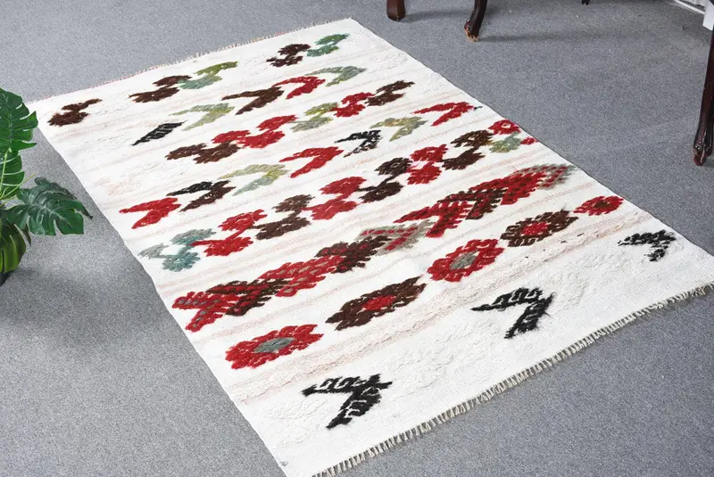 3.2x4.8 ft Halı, Türk Vintage Halısı, Kırmızı Kilim Yün Halı - 1