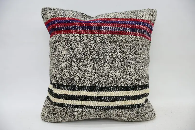 Indoor Vintage Wool Euro Sham, Brown 35x35 cm Antique Striped Cushion Case - 1