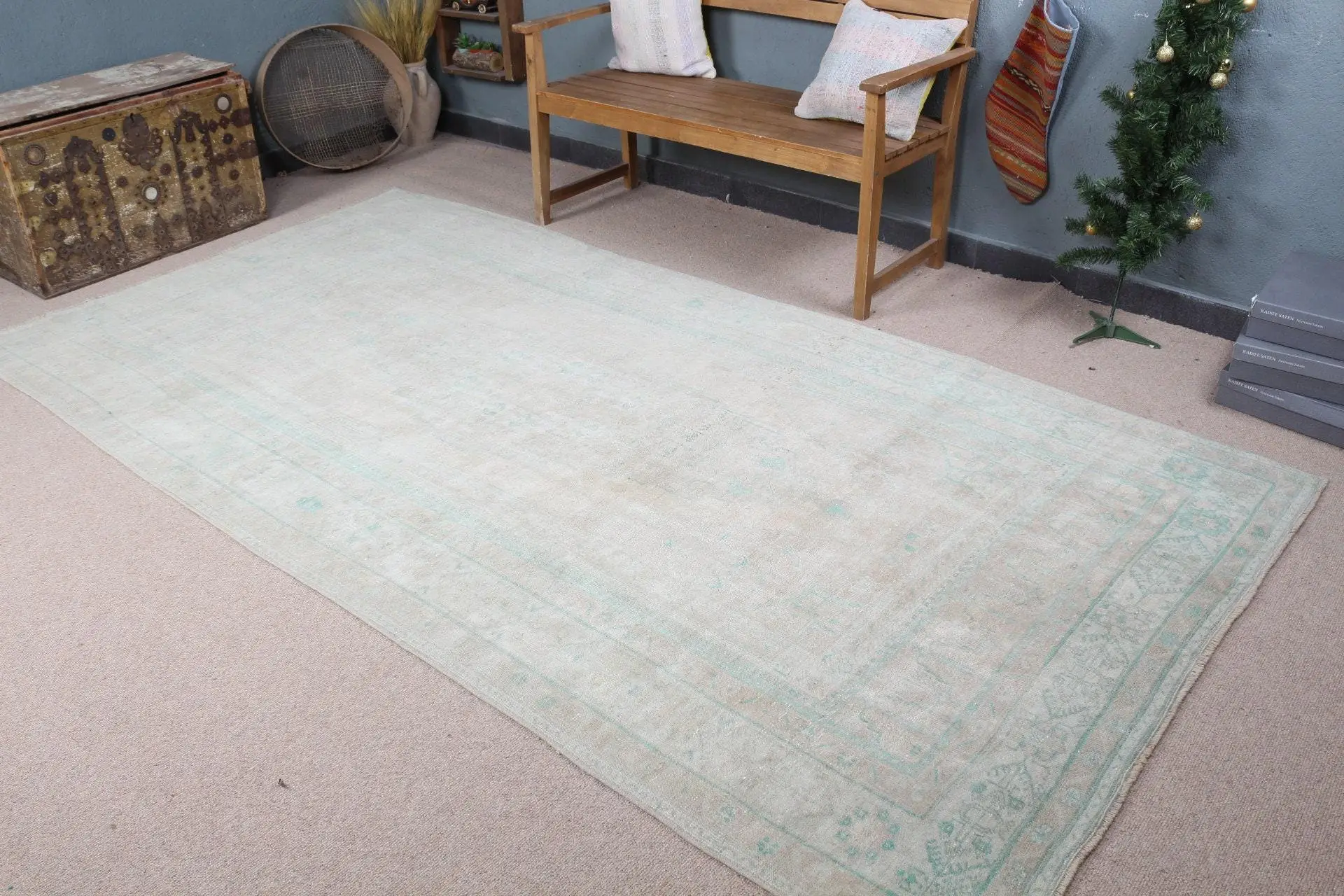 5,2x10 ft Vintage Teppich, großer türkischer Teppich, weißer Blumenteppich - 1