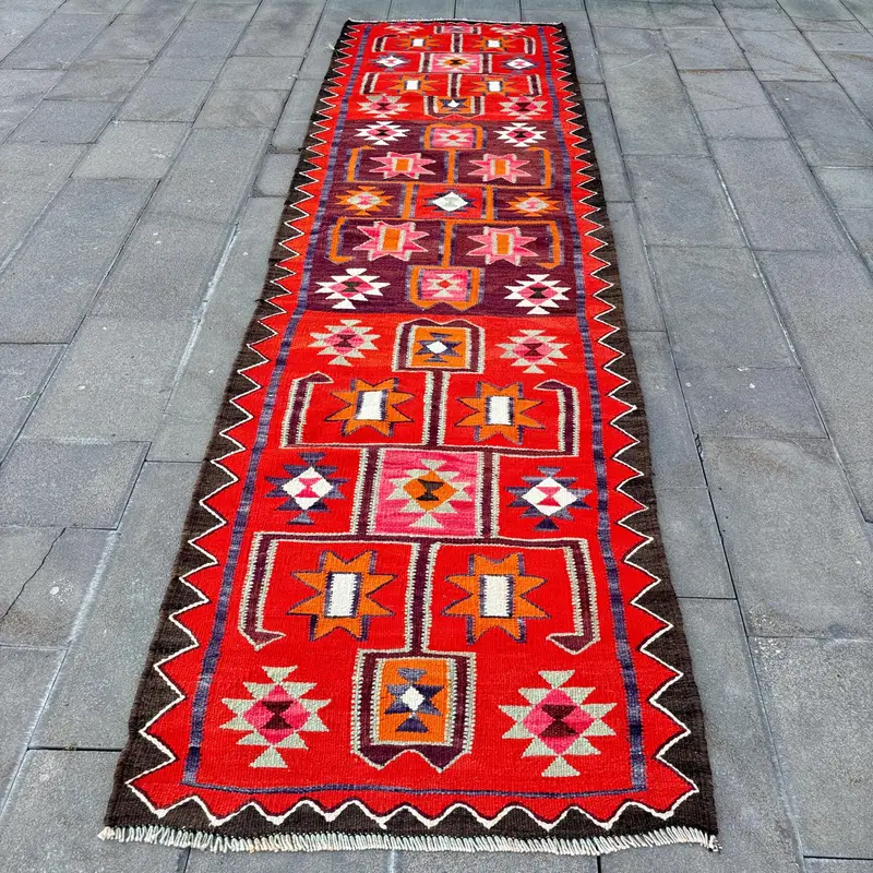 Kırmızı ve Mor Halı, 3,1x11,9 ft Zarif Katı Desenli