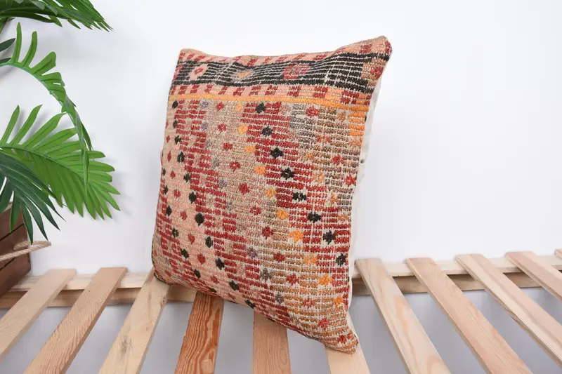 Boho Chic Cushion Case, Turkish Pillow, Garden Cushion Case, Pillow Cover, 16x16 Red Pillow Cover, Kilim Pillow, Interior Designer Pillow - 5
