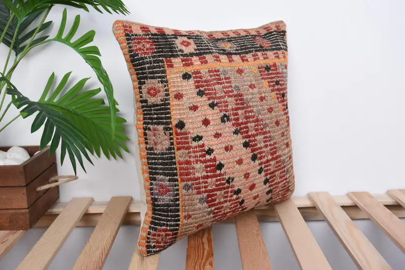 Boho Chic Cushion Case, Turkish Pillow, Garden Cushion Case, Pillow Cover, 16x16 Red Pillow Cover, Kilim Pillow, Interior Designer Pillow - 4