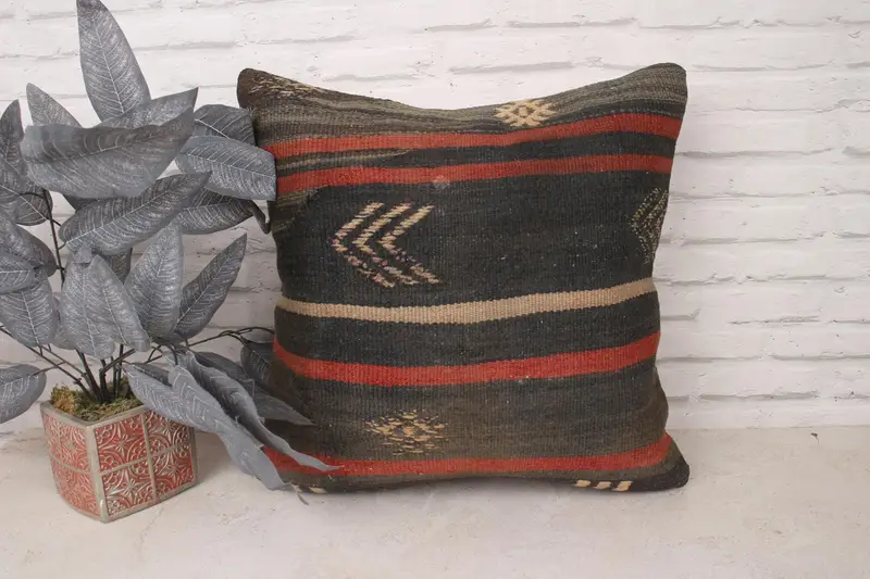Pillow, Throw Kilim Pillow, Handmade Kilim Cushion, Outdoor Bolster Cushion, Boho Pillow Sham Cover, 20x20 Brown Cushion, Decorative Bolster Pillow - 1