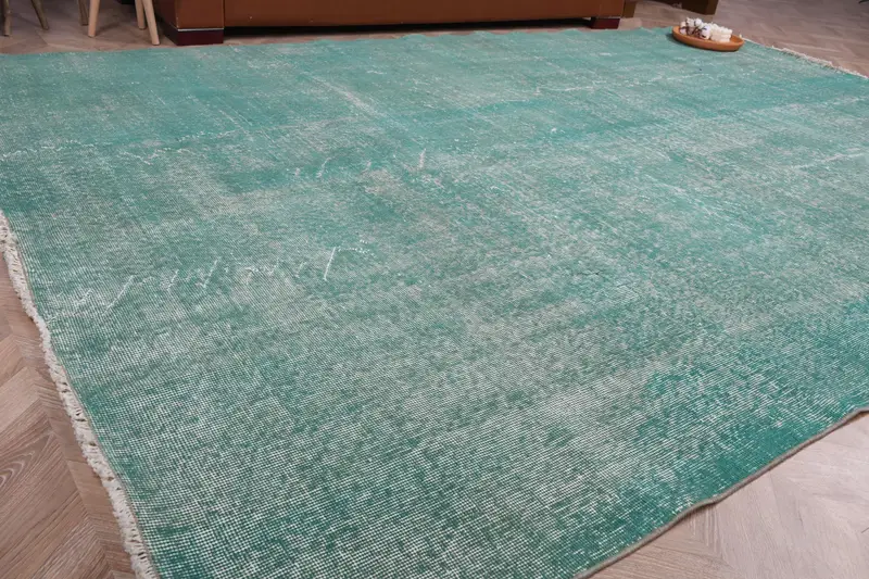6.9x10.3 ft Halı, Türk Vintage Halısı, Mavi Puantiyeli Yün Halı - 1