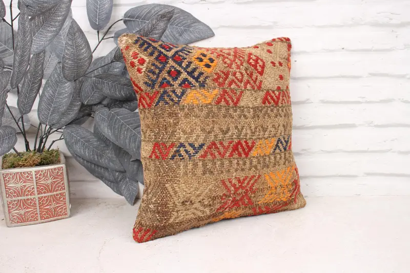 Kilim Pillow, Pillow, Ikat Cushion, 14x14 Red Pillow, Boho Throw Pillow, Kilim Cushion Sham, Vintage Kilim Pillow, Muted Pillow Case - 3