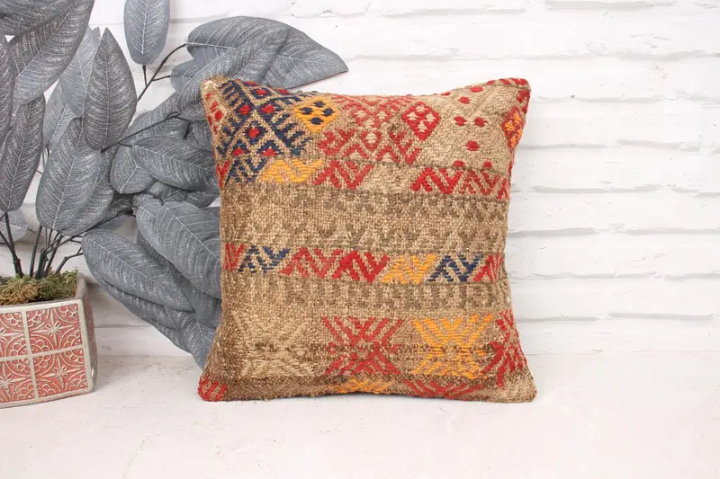 Kilim Pillow, Pillow, Ikat Cushion, 14x14 Red Pillow, Boho Throw Pillow, Kilim Cushion Sham, Vintage Kilim Pillow, Muted Pillow Case - 1