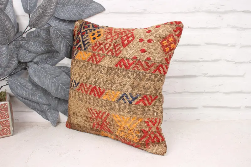 Kilim Pillow, Pillow, Ikat Cushion, 14x14 Red Pillow, Boho Throw Pillow, Kilim Cushion Sham, Vintage Kilim Pillow, Muted Pillow Case - 4