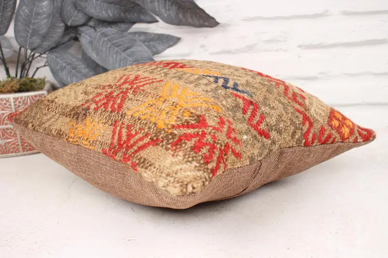 Kilim Pillow, Pillow, Ikat Cushion, 14x14 Red Pillow, Boho Throw Pillow, Kilim Cushion Sham, Vintage Kilim Pillow, Muted Pillow Case - 6