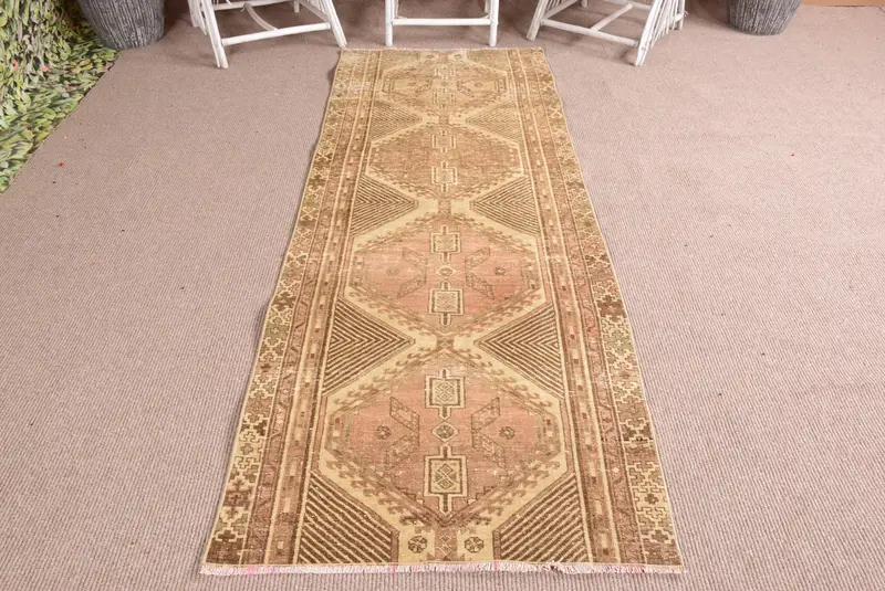 Türk Halısı, 3x8.3 ft Vintage Halı, Kahverengi Kırmızı Kareli Yün Halı - 1