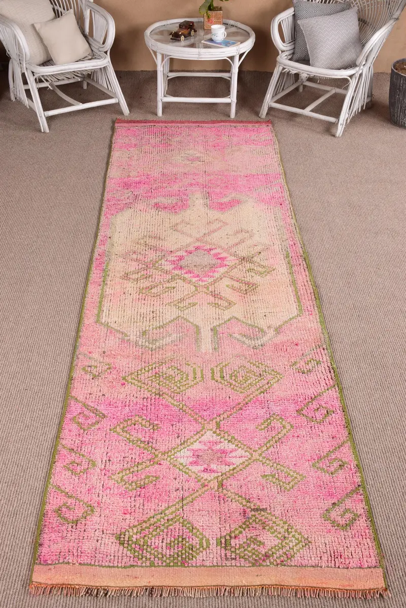 3.2x10.2 ft Vintage Turkish Rug, Runner Rug, Pink Green Striped Wool Rug - 1