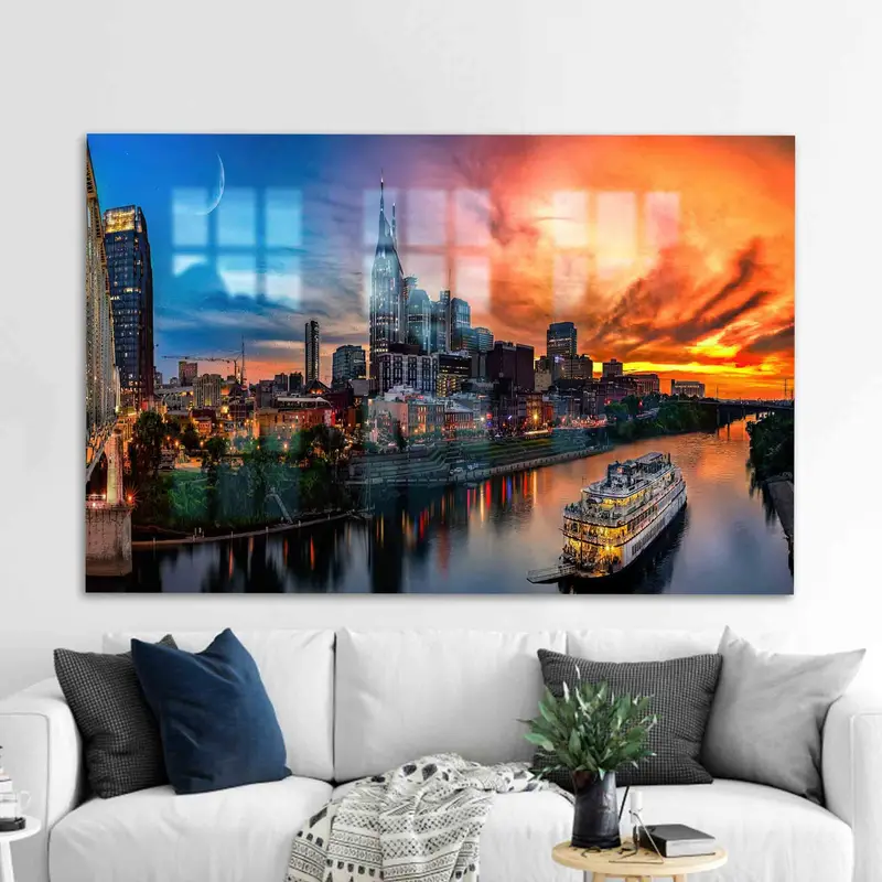 エレガントなプリントガラス: モダンな装飾のためのスカイラインシースケープデザイン