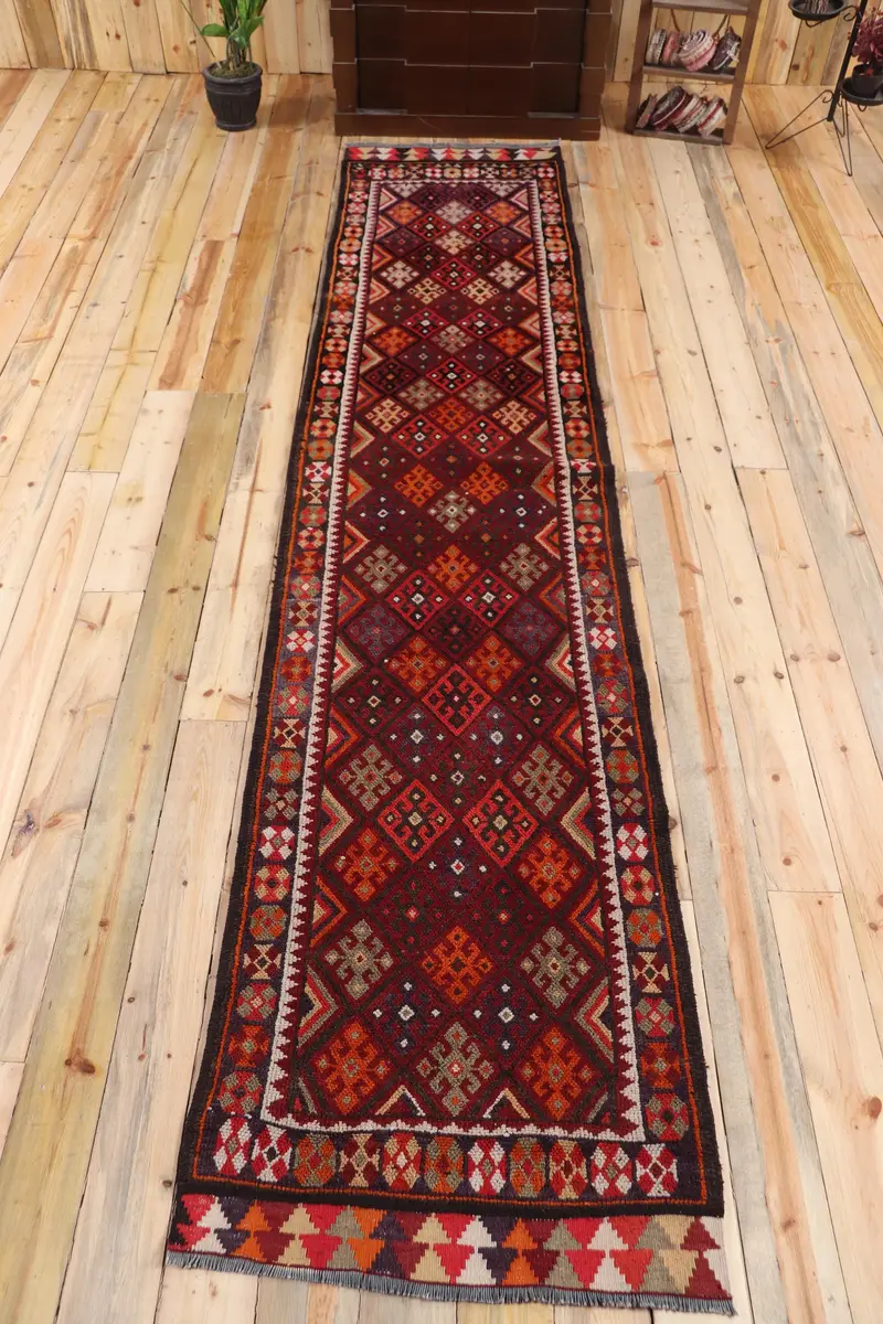 Vintage Halı, Yolluk 2.8x12.5 ft Türk Halısı, Kırmızı Güneybatı Yün Halı - 1