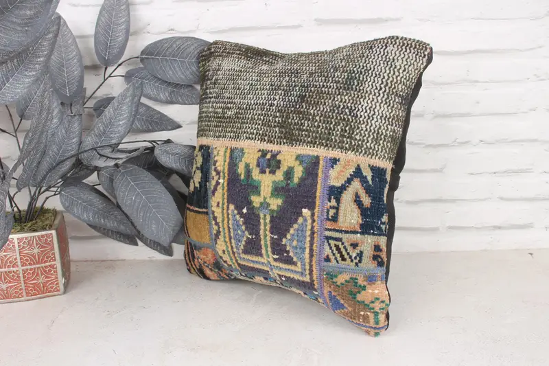 16x16 Blue Cushion, Vintage Kilim Pillow, Cushion, Pillow for Couch, Home Decor Pillow, Meditation Cushion, Bolster Pillow - 4