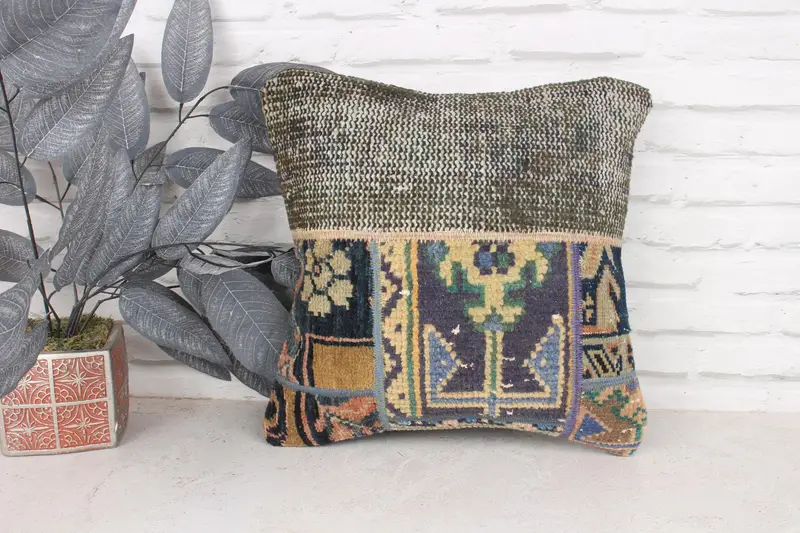 16x16 Blue Cushion, Vintage Kilim Pillow, Cushion, Pillow for Couch, Home Decor Pillow, Meditation Cushion, Bolster Pillow - 1