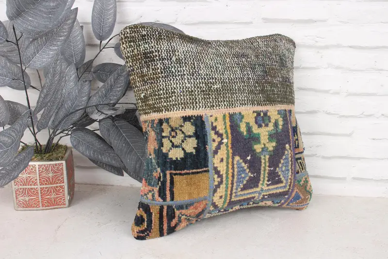 16x16 Blue Cushion, Vintage Kilim Pillow, Cushion, Pillow for Couch, Home Decor Pillow, Meditation Cushion, Bolster Pillow - 3