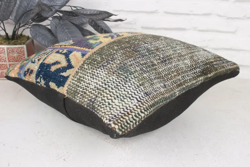16x16 Blue Cushion, Vintage Kilim Pillow, Cushion, Pillow for Couch, Home Decor Pillow, Meditation Cushion, Bolster Pillow - 6