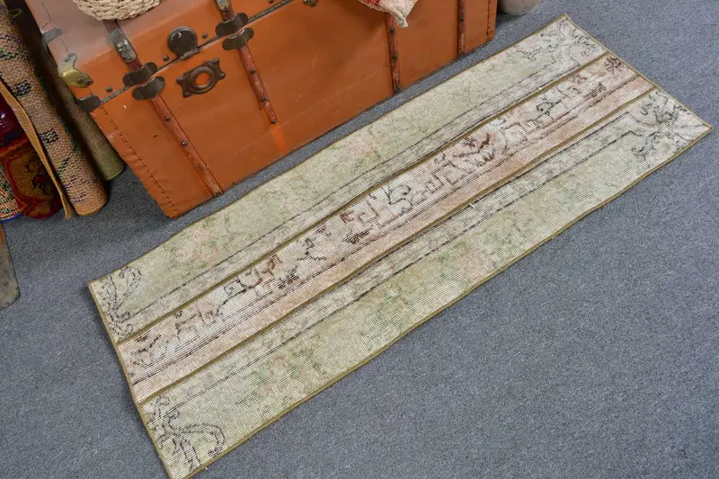 Vintage Small Rug, 1.7x4.6 ft Turkish Rug, Green Oushak Wool Rug - 1